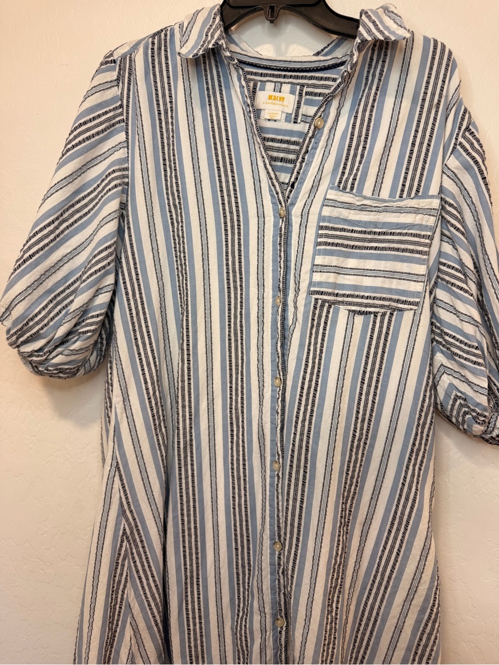 Anthropologie Maeve Blue White Striped Midi Shirt Dress large cotton collared - Picture 3 of 7